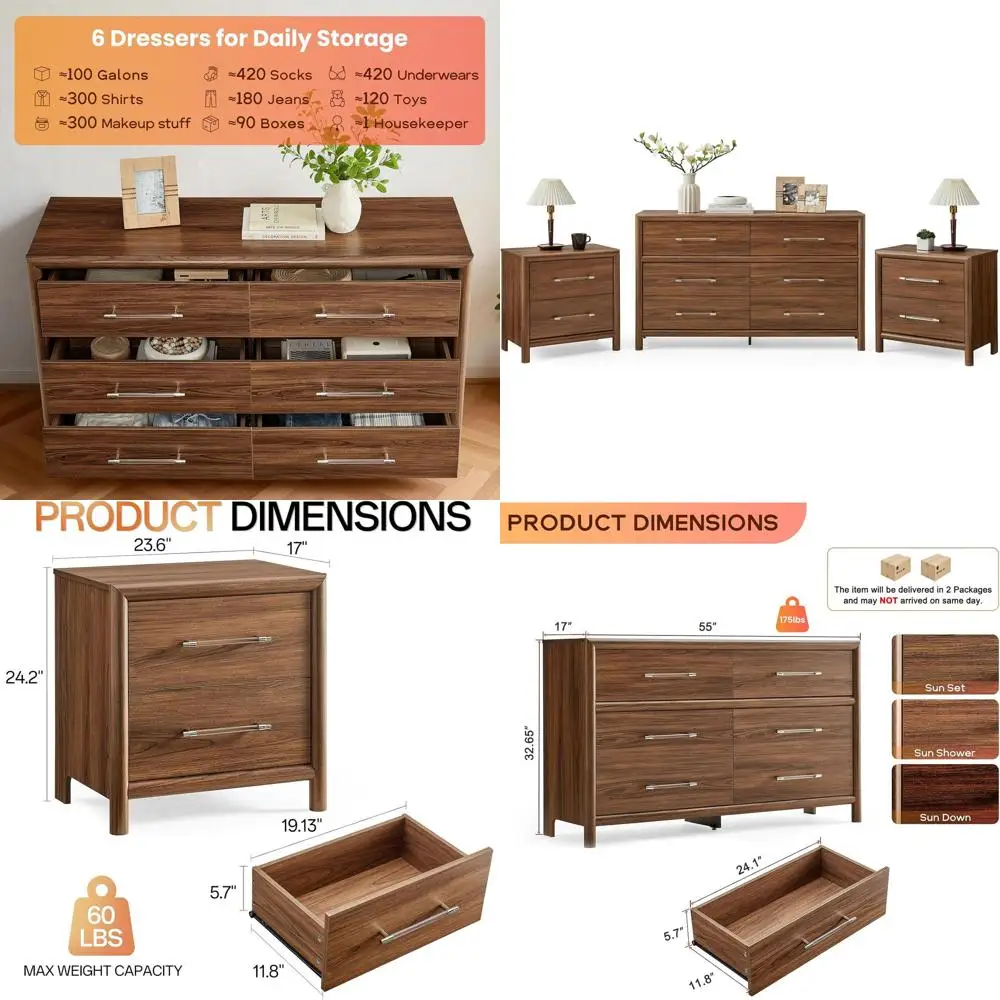 

Drer and Nightstand Set, 6 Ders Drer or Bedroom and 24.2" H Bede Table Set o 2 with 2 Ders, 56" Wide Closet Organizers & Night S