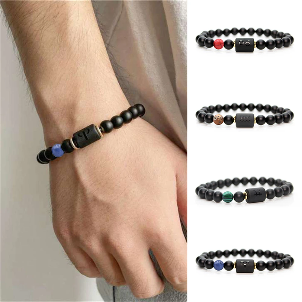 12 Zodiac Sign Obsidian Bracelet For Women Men Fashion Natural Black Agate Stone Elastic Bead Bracelet Bangles Birthday Jewelry