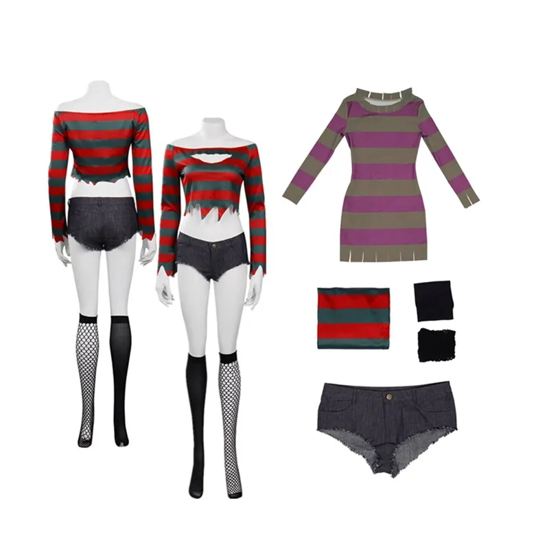 Freddy Krueger Cosplay Nightmare Costume Women Girls Shirt Shorts Dress Outfits Fantasia Halloween Carnival Party Disguise Suit