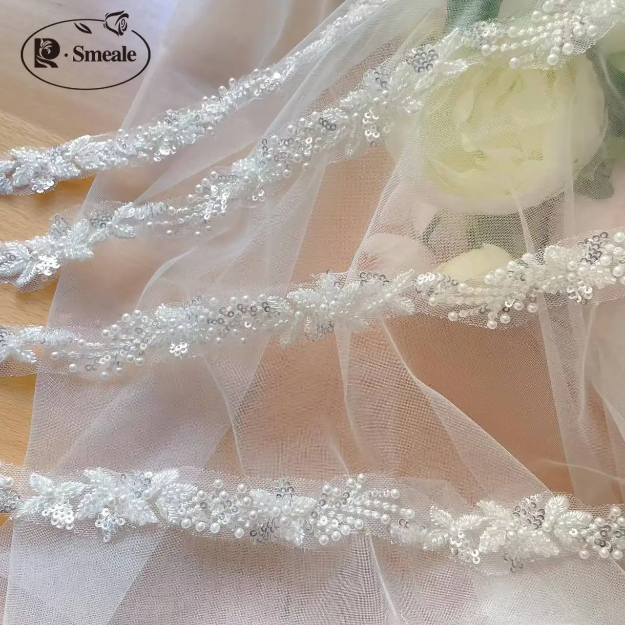 3 Yards/Packung Hochwertige weiße Perlenstickerei-Spitze, Kopfschleier, Hochzeitskleid, Dekorationszubehör, handgefertigte Spitze für DIY. – Detail 7