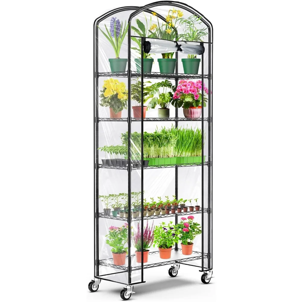 5-Tier Greenhouse With Casters Greenhouse for Outdoor Height Adjustable Metal Plant Shelves With PVC Lid for Seed Starter Trays