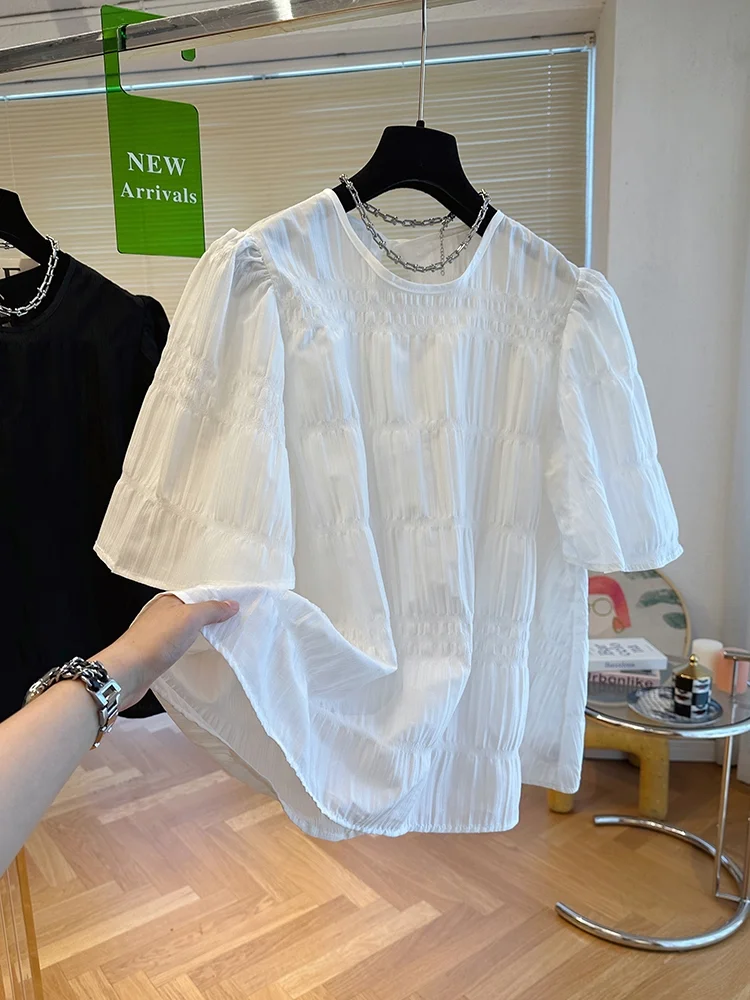 2024 Summer New White Pleated Shirts Women Fashion O Neck Solid Color Short Sleeve Blouse Puff Sleeve Casual Loose Tops Mujer