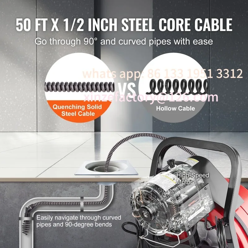 

CustomizableSewer Snake Auger with Wheels 4 Cutters & Air-activated SucceBuy Drain Cleaner Machine 50 FT x 1/2 Inch Manual Feed