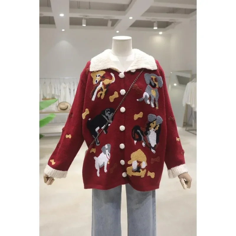 Popular Retro Lapel Exquisite Flocking Cartoon Knitwear Autumn Winter Loose and Versatile Thickened Warm Sweater Jacket Women