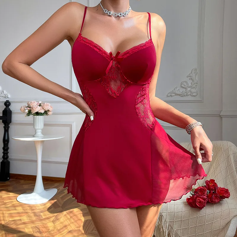 Top Fashion Sexy Hollow Lace Short Skirt Sexy Lingerie Night Dress Mesh Patchwork Sleep Dress Suspender Women's Pajamas Dress