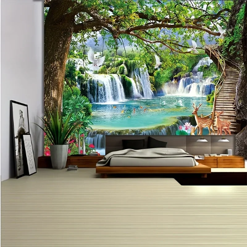 1pc Cute Fashion Forest Tree Colorful Tapestry Landscape Waterfall Spring Fashion Tapestry Living Room Bedroom House Decoration