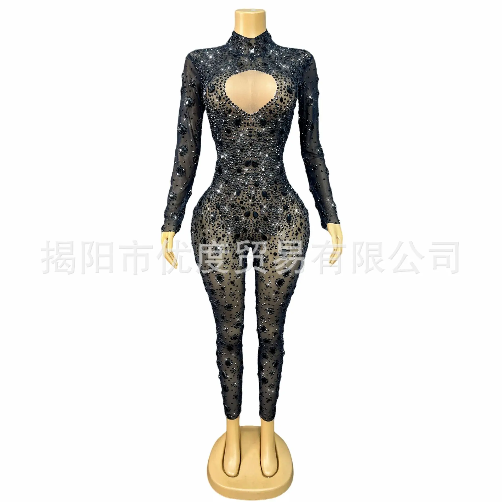 Stylish And Glam Black Rhinestone See-through Performance Suit Jumpsuit Stretch Stage Performance Suit Circle Chest Pants Dress