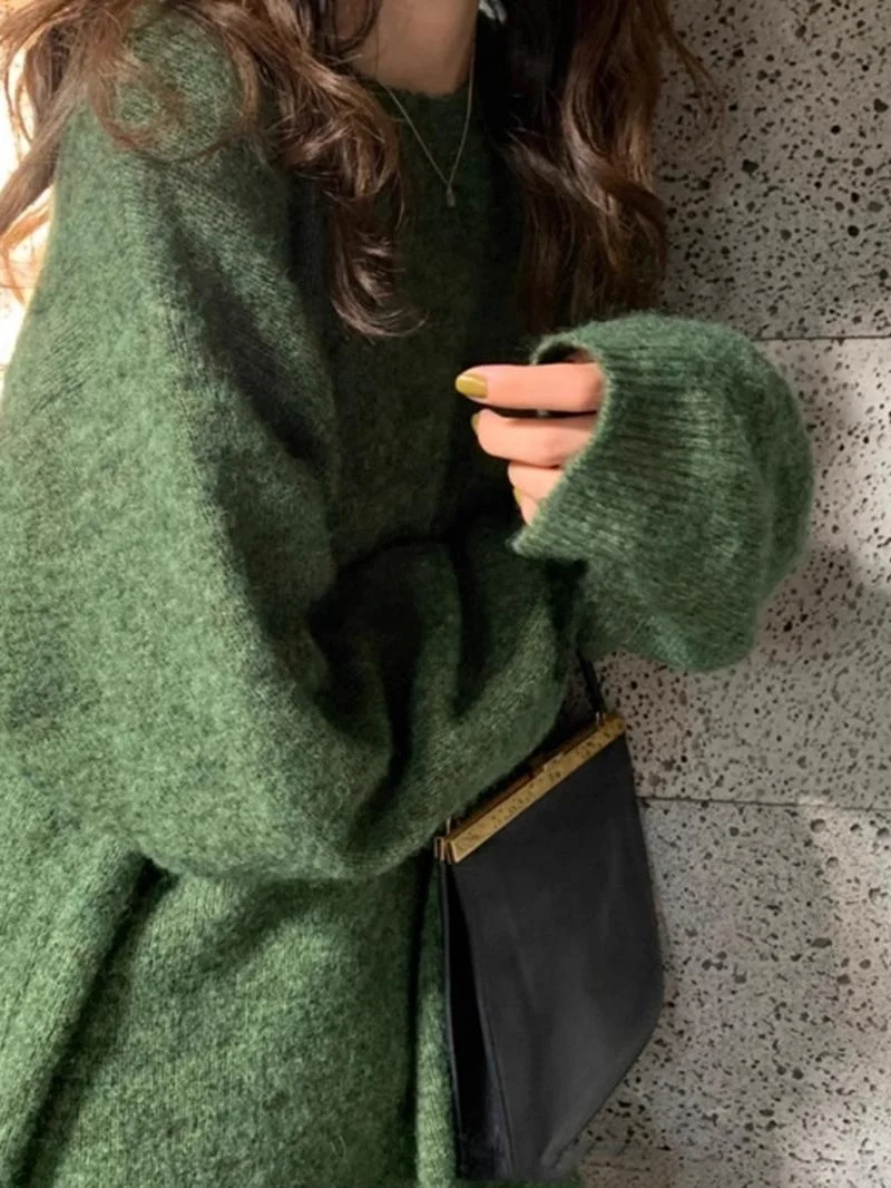

Loose Lazy Style Women's Knitted Sweater round Neck Mid-Length Casual Comfortable Winter New Retro Long Sleeve Top