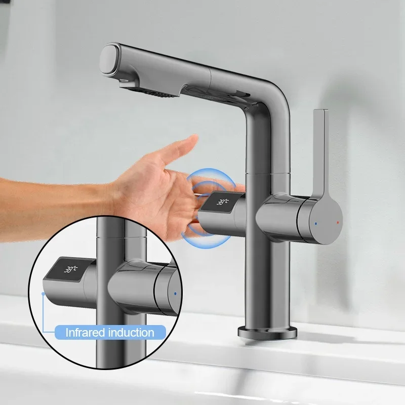 

Led temperture digital display bathroom faucet infrared sensor smart 360 degree rotation basin faucet with pull out sprayer