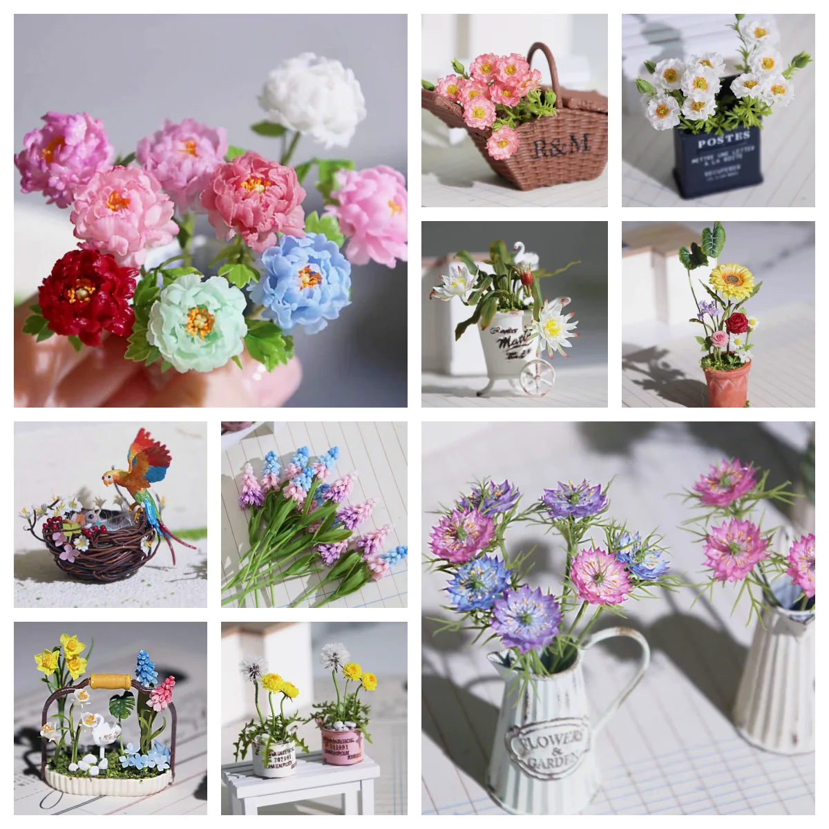 

Miniature Clay Flower Potted Plants Hyacinth Rose Peony Night-blooming Cereus Potted Plants Bjd Garden Decoration Diy Dollhouse