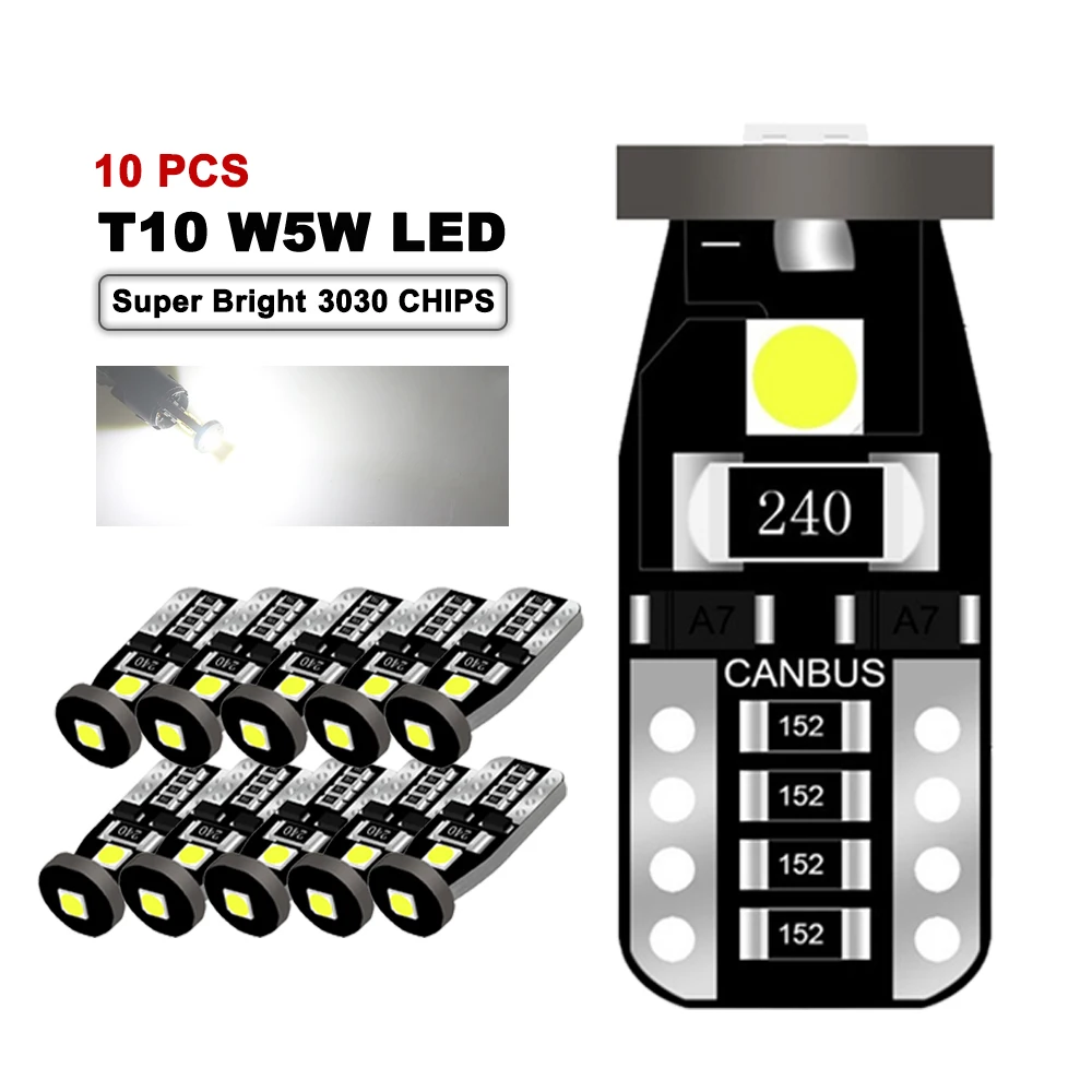 

10 светодиодных лампочек T10 W5W Canbus без ошибок 12V 3030 - 3SMD 6500K Белая дверь, купол, дверной контроль, багажник, номерной знак