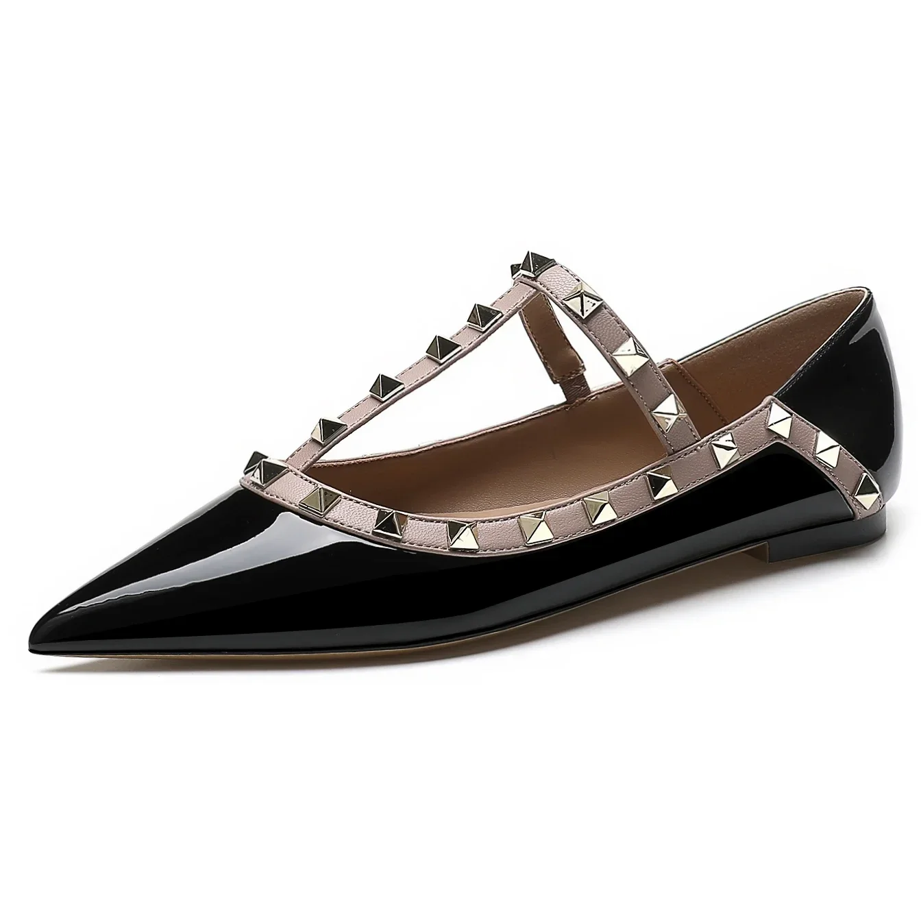 【Measure your feet length before order】Luxry Designer Women Ballet Flat Pump Rivet T Strap Pointy Toe Party Dress Shoe 97-CHC-33