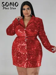 SOMO Women Plus Size Sequine Suit Jacket Dress Long Sleeve Single Breasted Blazers with Belt 2023 V-neck Cropp Slim Dropshipping