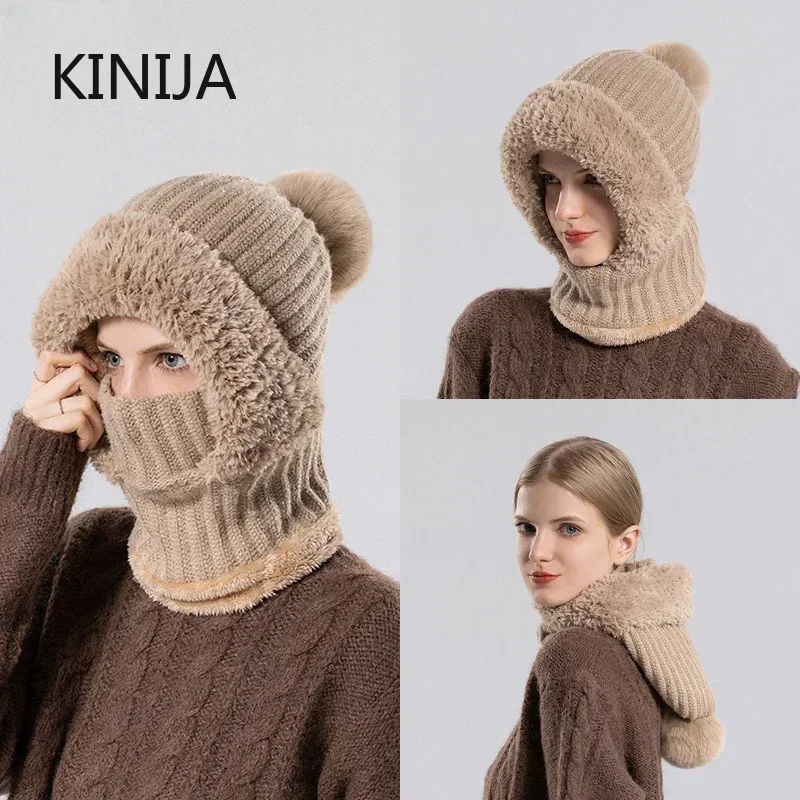 Women Hooded Cap Winter Velvet Knitted Skullies Beanies  Ear Protection Fluffy Hat Lady Mask Neck Integrated Warmth Cover Hat