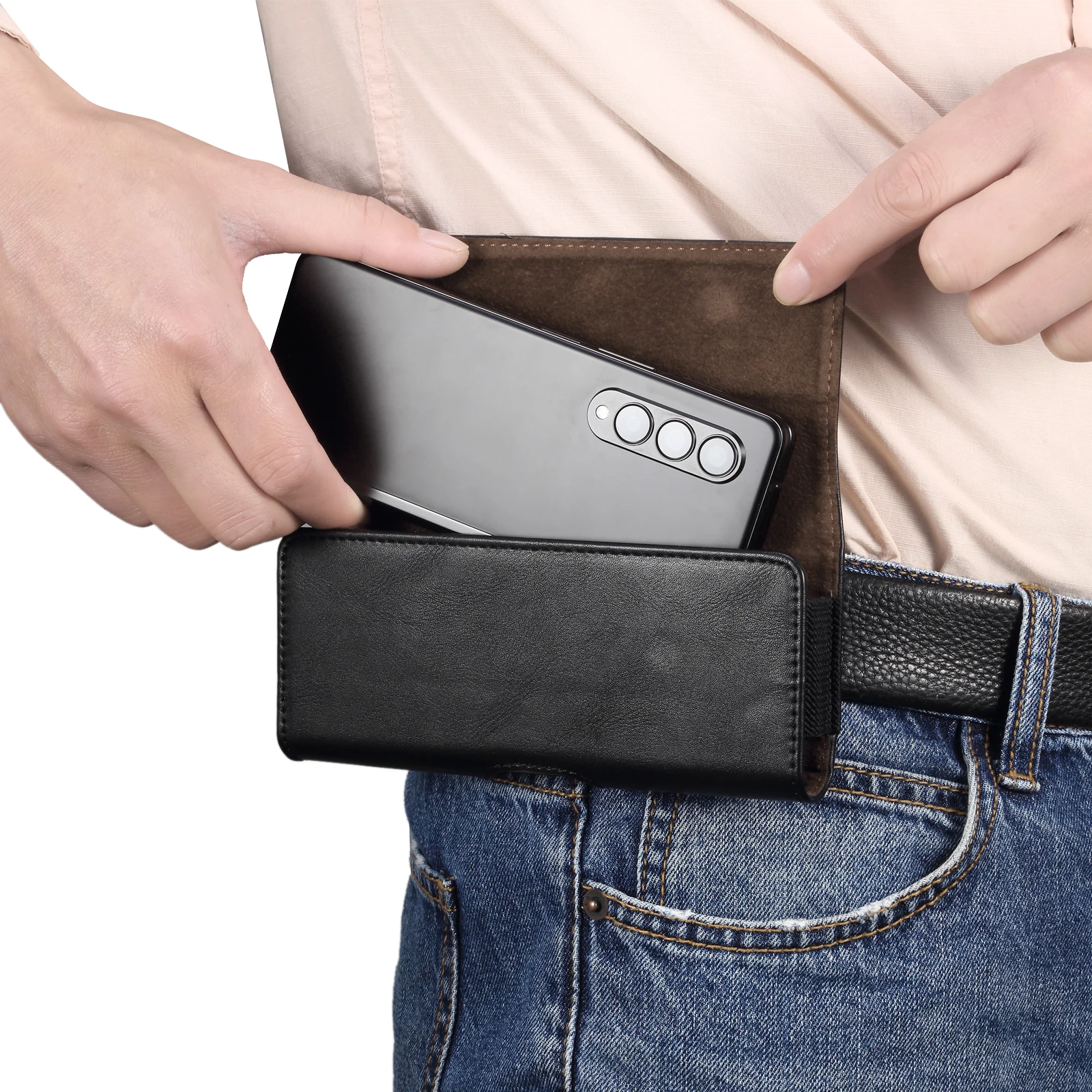 Leather Belt Clip Case Men Waist Bag For Samsung Galaxy Z Fold6 Fold5 Fold4 Fold3 6 5 4 3 5G,Vivo X Fold 2 Plus Holster Pouch