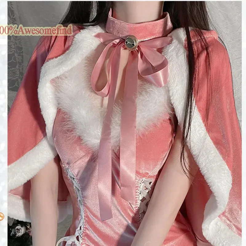 여성 크리스마스 산타클로스 코스프레 의상 섹시한 란제리 이국적인 겨울 핑크 드레스 메이드 유니폼 버니 걸 의상