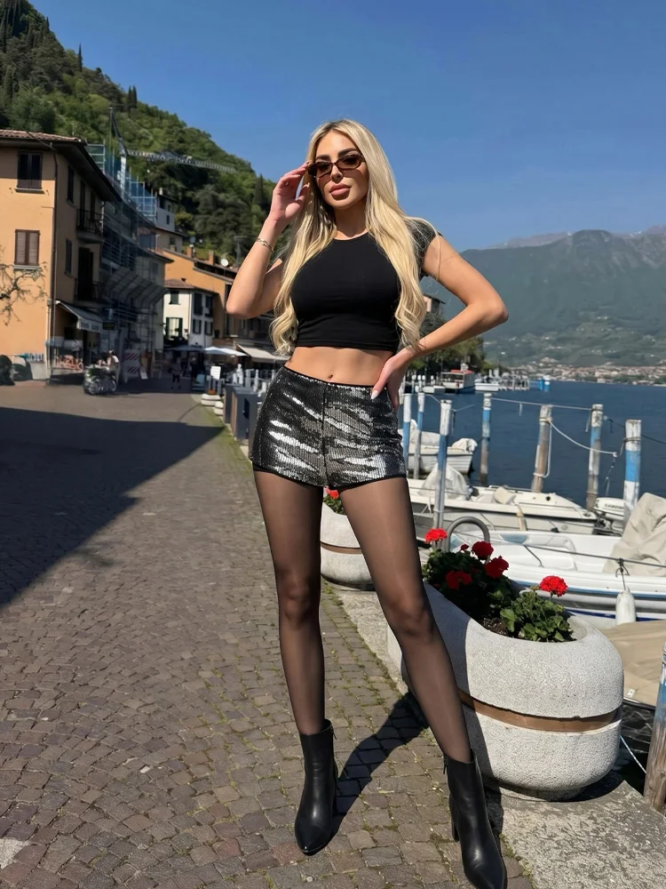 HH Women Fashion Sequin Versatile Shorts Sexy Low Waist Slim Classic Silver Glitter Shorts 2026 Summer Night Club Street Bottoms
