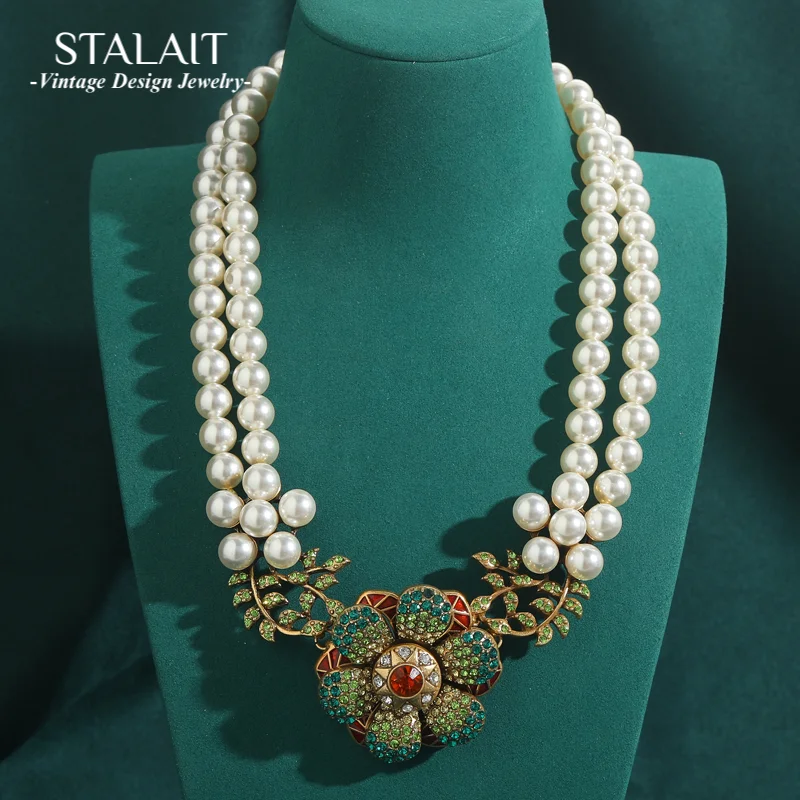 

Vintage Statement Necklace Pearl Large Rhinestones Flower Luxury Choker Chunky Wedding Bride Antique Jewelry Accessories Women