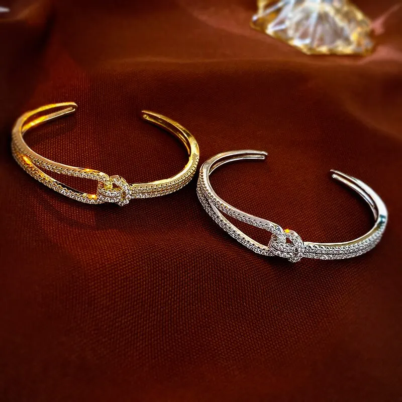 Exquisite Full Zircon Cuff Bracelets Gold Plating Copper Knot Opening Bracelet Minimalist Women\'s Bangle For Wedding Party K0