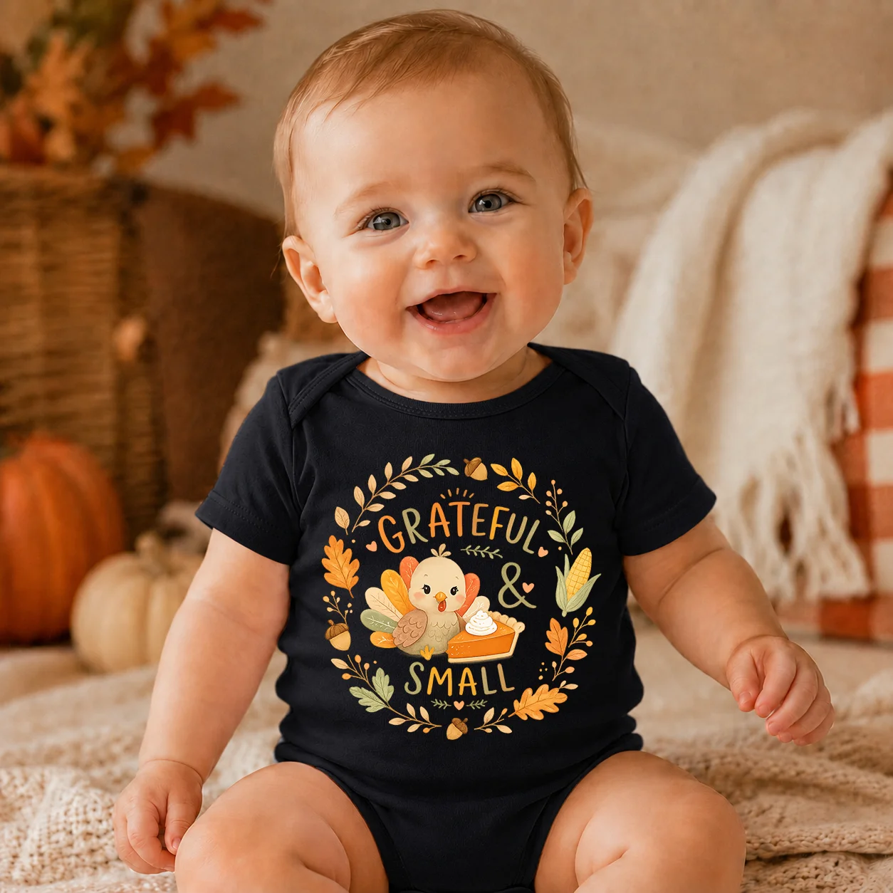 Infant Baby Short Sleeve Bodysuit Grateful & Small Turkey Pumpkin Pie Print Newborn Romper Thanksgiving Day Outfit Toddler Fall