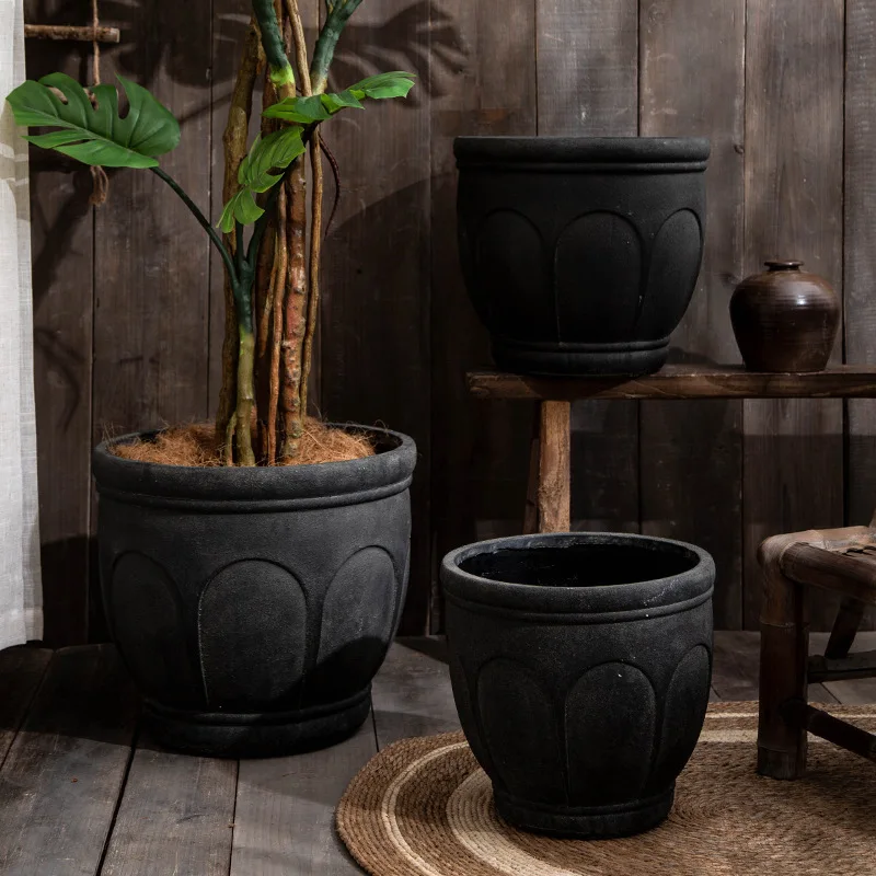 Aged antique black whitewashed king size flower pot living room courtyard garden lily bamboo banana tree peacock wood