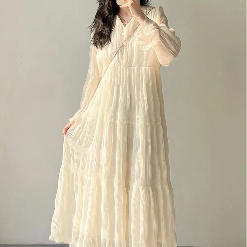 

Spring Stylish Folds Shirring Long Dress Sweet Solid Color Korean All-match A-Line Elegant V-Neck Female Commute Spliced Dresses