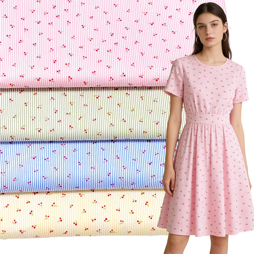 Vintage French Country Pure Cotton Fabric 150x50cm Cherry Stripe Print for Sewing Tablecloth Pillow Cover Coin Bags Handmade DIY