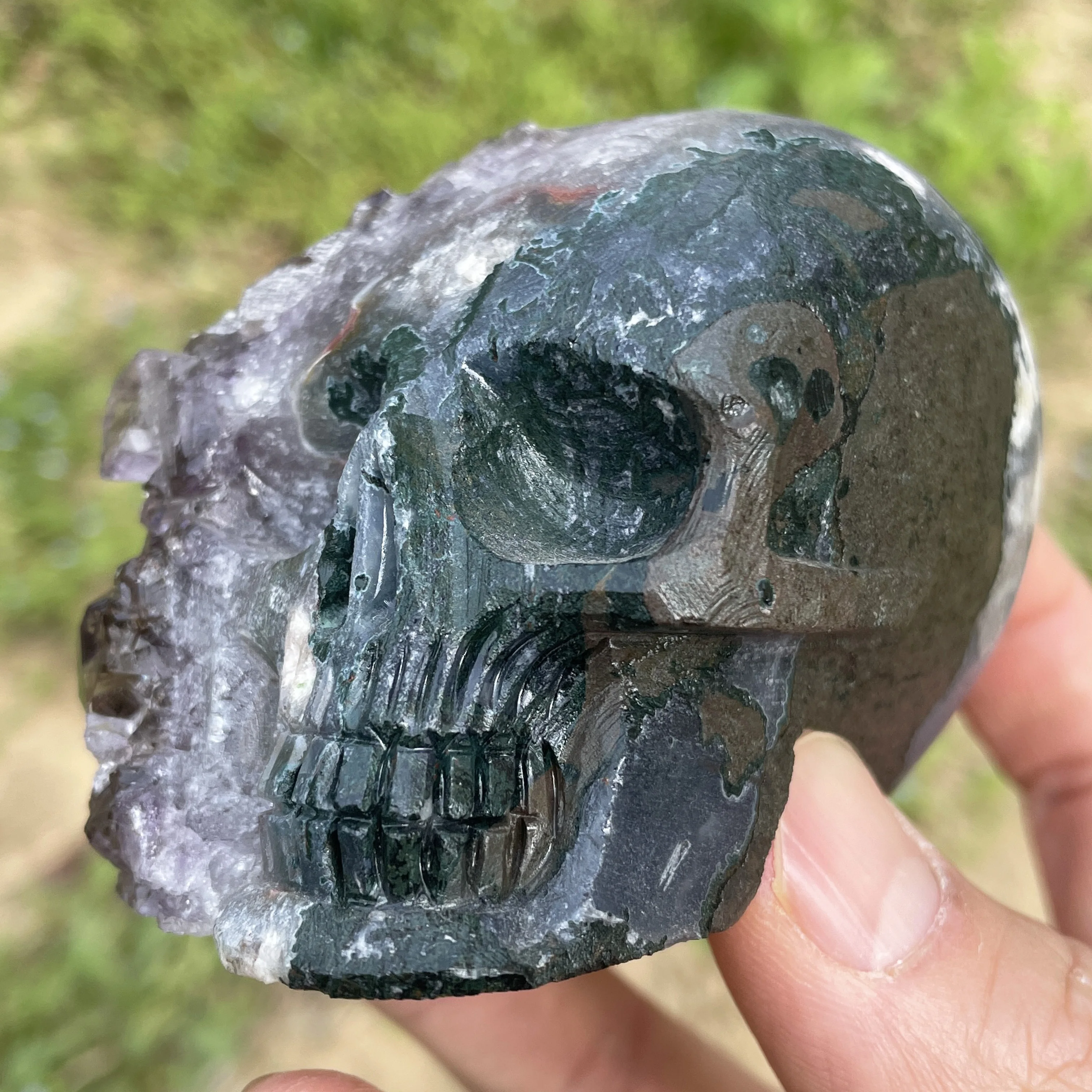 

399g Natural Hand Carved Amethyst Skull Unpolished Purple Clear Quartz Cluster Crystal Chakra Reiki Healing Stone Home Decor 16