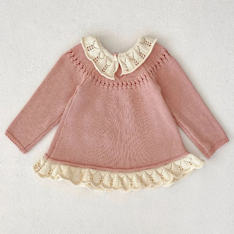 Autumn new outfit for 0-3 year old baby children\'s clothing, girl baby lotus leaf collar cute long sleeved knitted long top