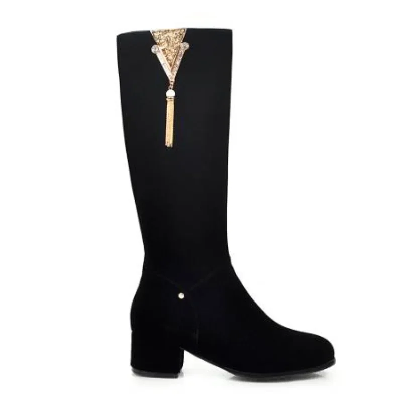 2025 Winter Women Knee High Boots Black Stretch Suede Square Heels Dress Party Lady Round Toe Zipper Plush Riding Long Boots