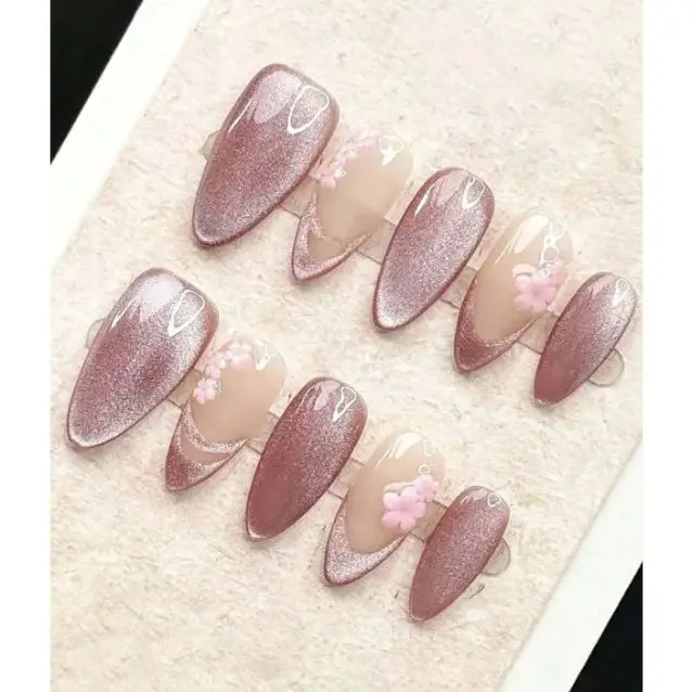 

10 Pcs Handmade Medium Almond Wear Nails,Simple Lotus Pink Cat Eye Almond Glossy Nails,Nail Art Press On Nails Nail Supplies