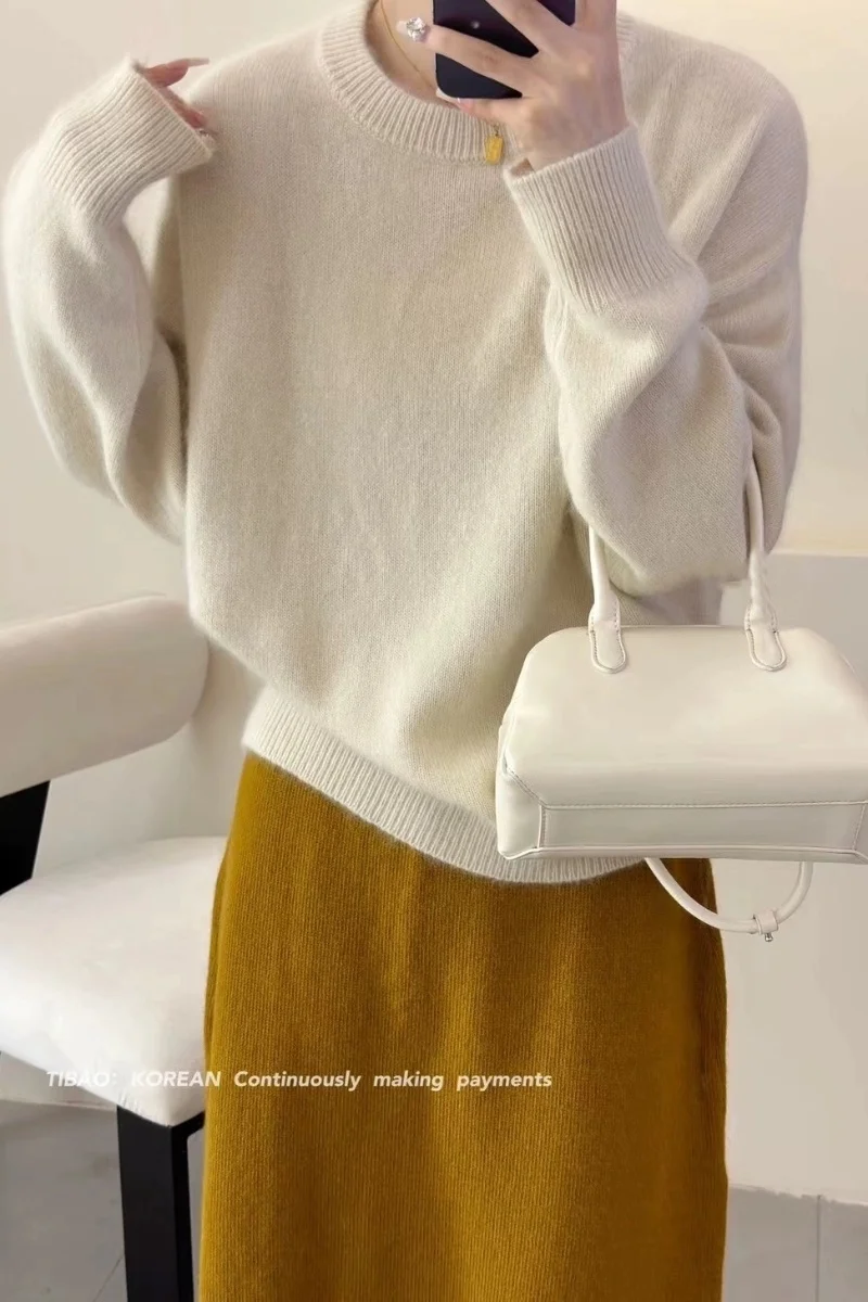 

100% кашемировый свитер, свободный пуловер с круглым вырезом, трикотажный свитер, осенне-зимняя женская одежда, высококачественные топы с длинными рукавами