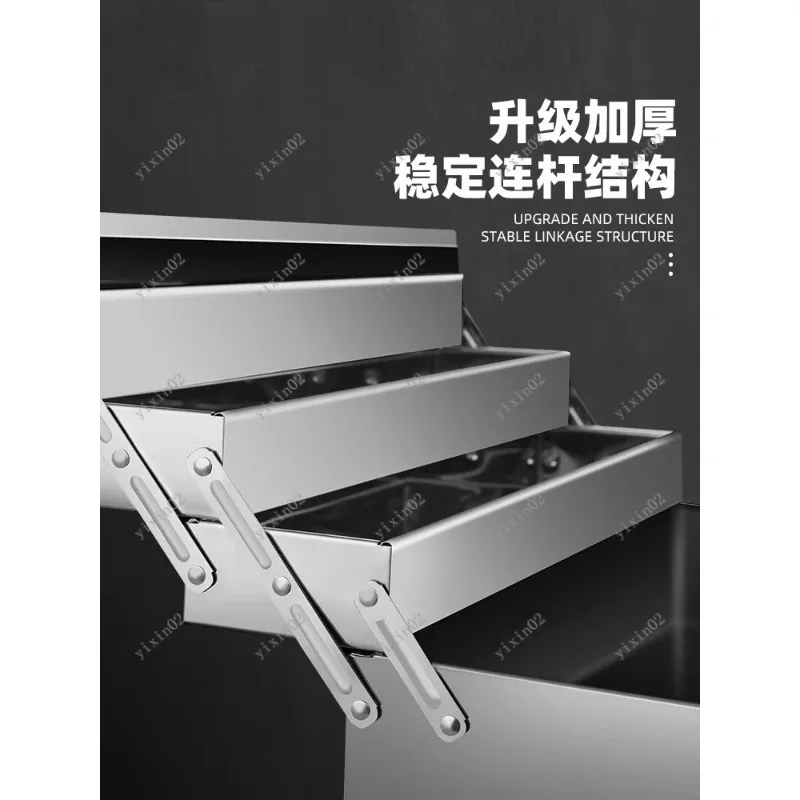 Large 3-Tier Folding Stainless Steel Tool Box Portable Metal Storage Organizer for Home Workshop