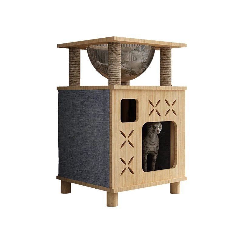 

Modern Wooden Cat House-Indoor/Outdoor Use Weatherproof Two-Story Multi-Level Shelter With Sturdy Durable Construction