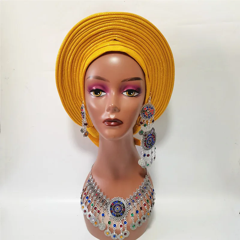 Red Headtie Gele Nigerian African Hat alread Made Auto Gele With Necklace Earrings Set For Wedding Party XM223-1