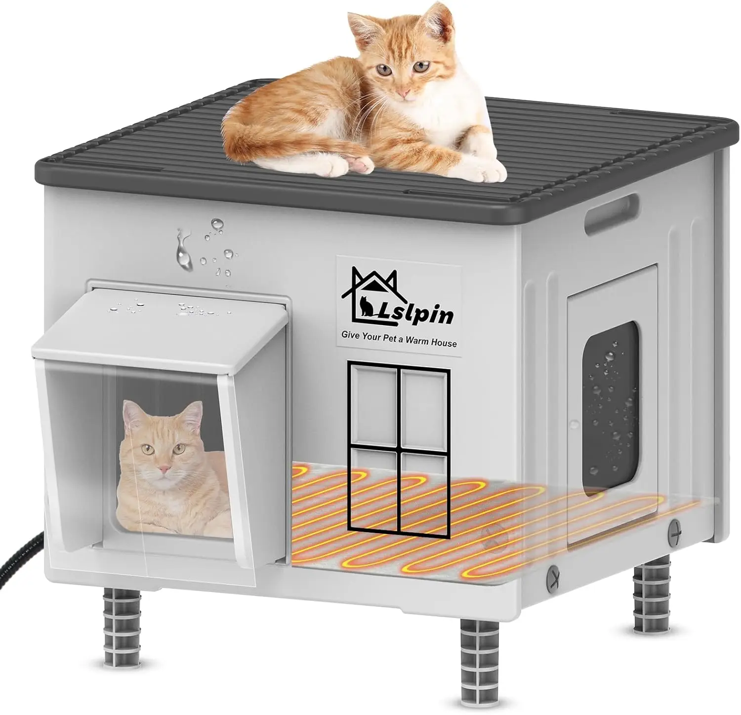 

Weatherproof Insulated Heated Cat House with Escape Door for Outdoor Winter Shelter, Elevated Design