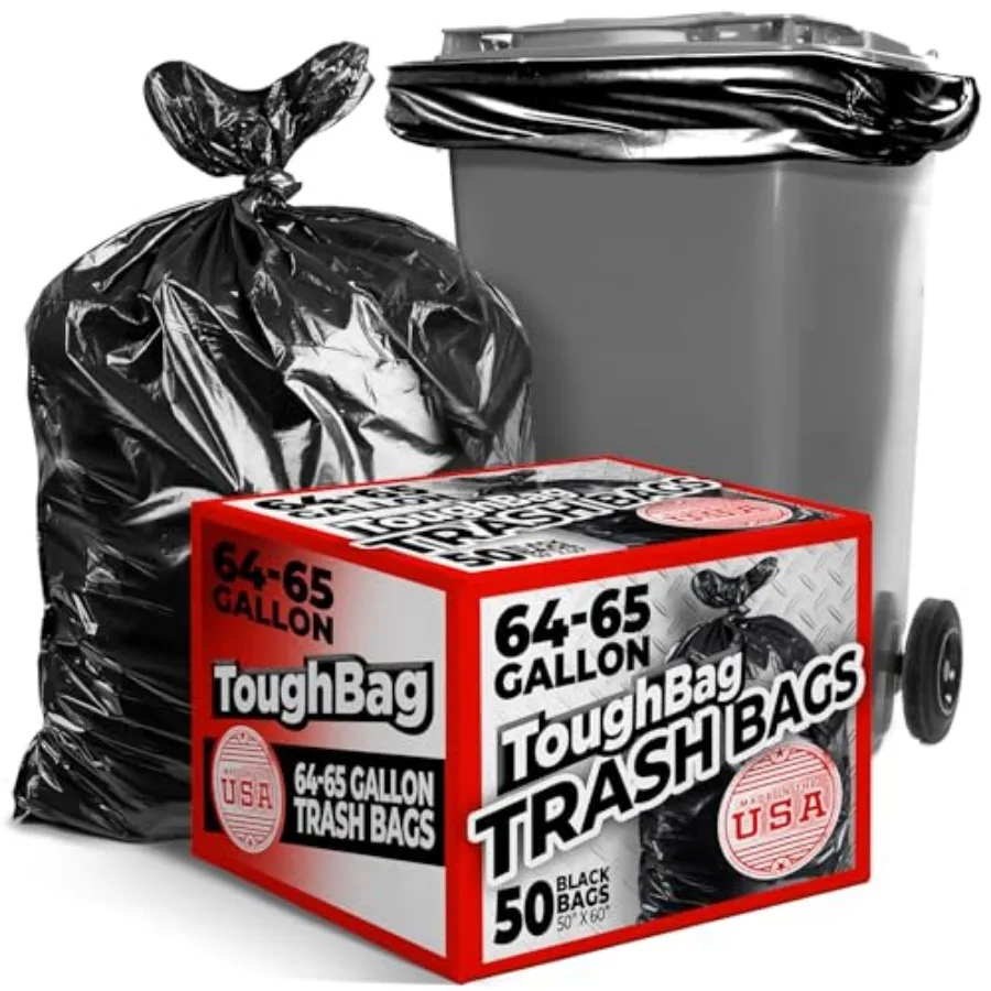 

65 Gallon Commercial Trash Bags, 50x60" Large Black Outdoor Garbage Bags, Heavy Duty 50 Count For Custodians, Landscapers, Cont