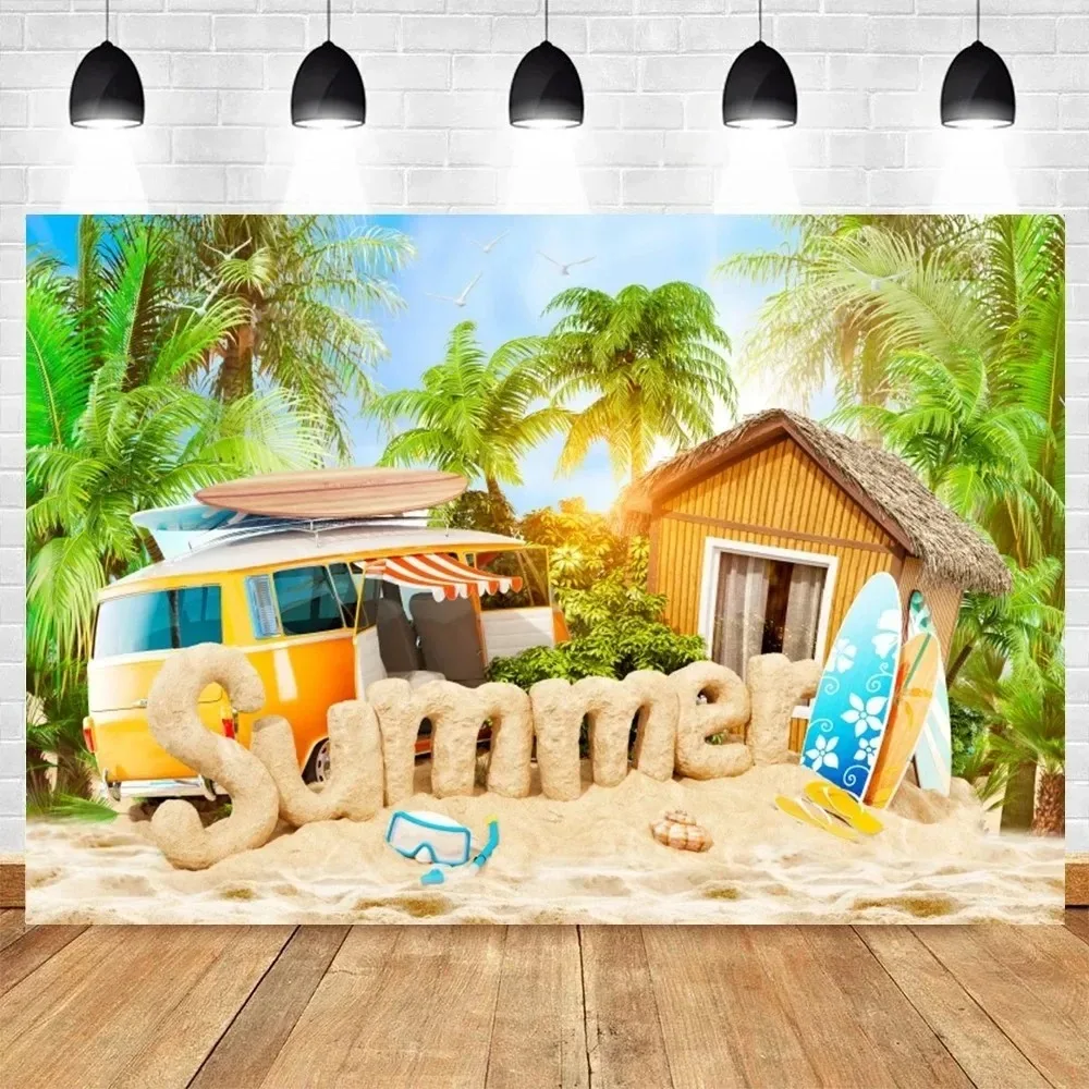 Hawaiian Luau Party Backdrop Tapestry 2D Flat Printed Peach Skin Tiki Bar Wall Cloth Tropical Ocean Surfboard for Living Room
