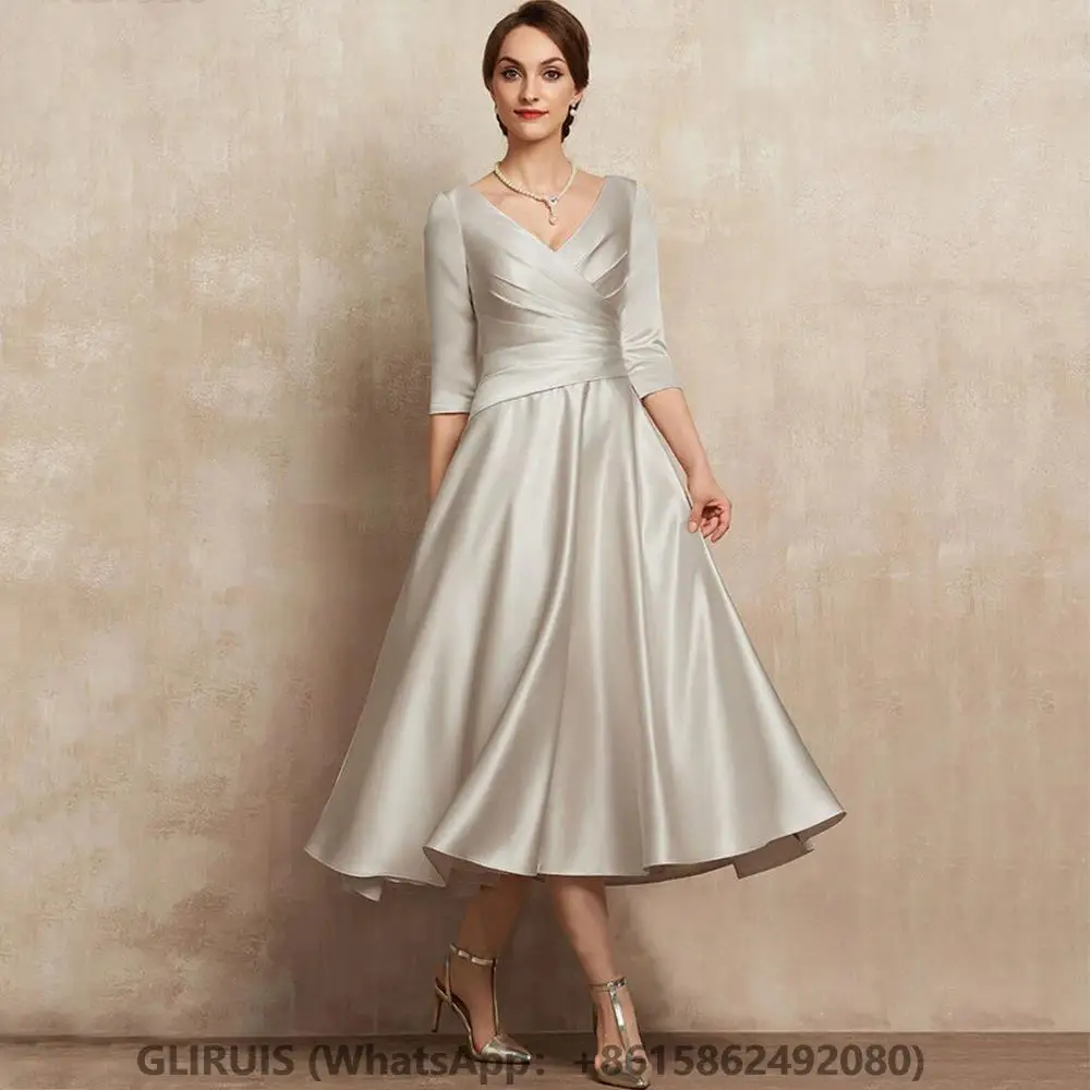 

Tea-Length Mother of the Bridal Dresses Three Quarter V-Neck Pleat Women Dress for Wedding Party Banquet Guest Gowns