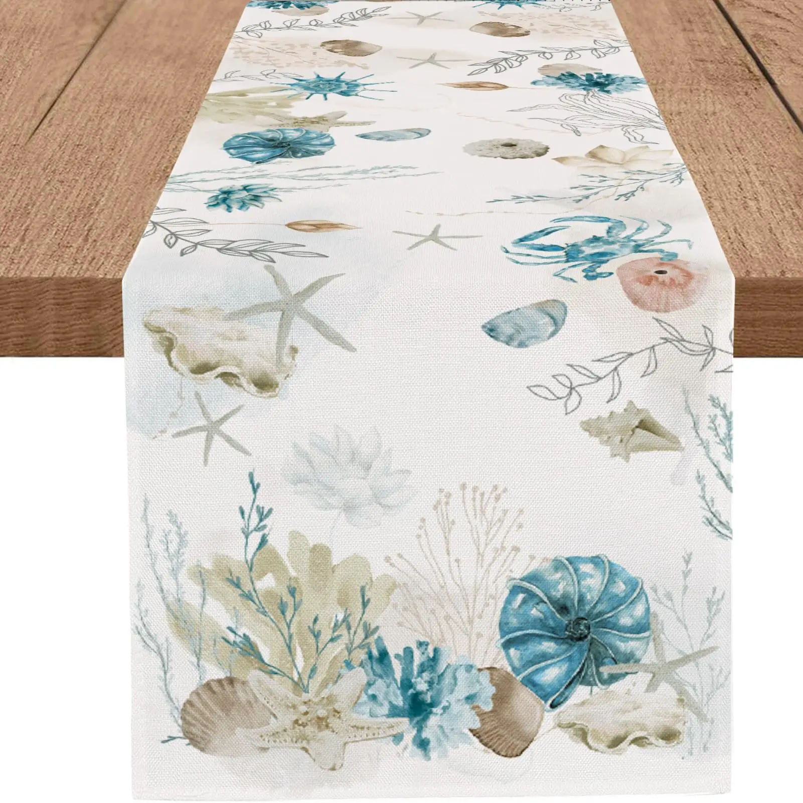 

Summer Beach Blue Seashell Table Runner, Ocean Tropical Burlap Table Runners, Seasonal Spring Kitchen Dining Coffee Table Decor