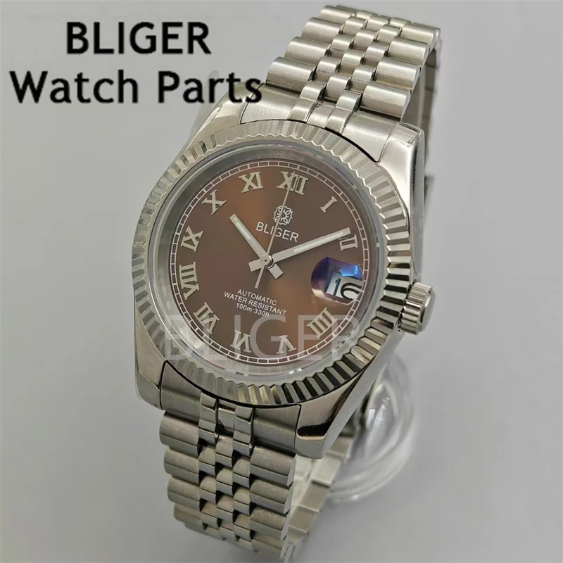 BLIGER 36mm/39mm White Pearl Sunburst Pink Blue Brown With Roman Index AR Coated sapphire glass NH35 Movement steel bracelet