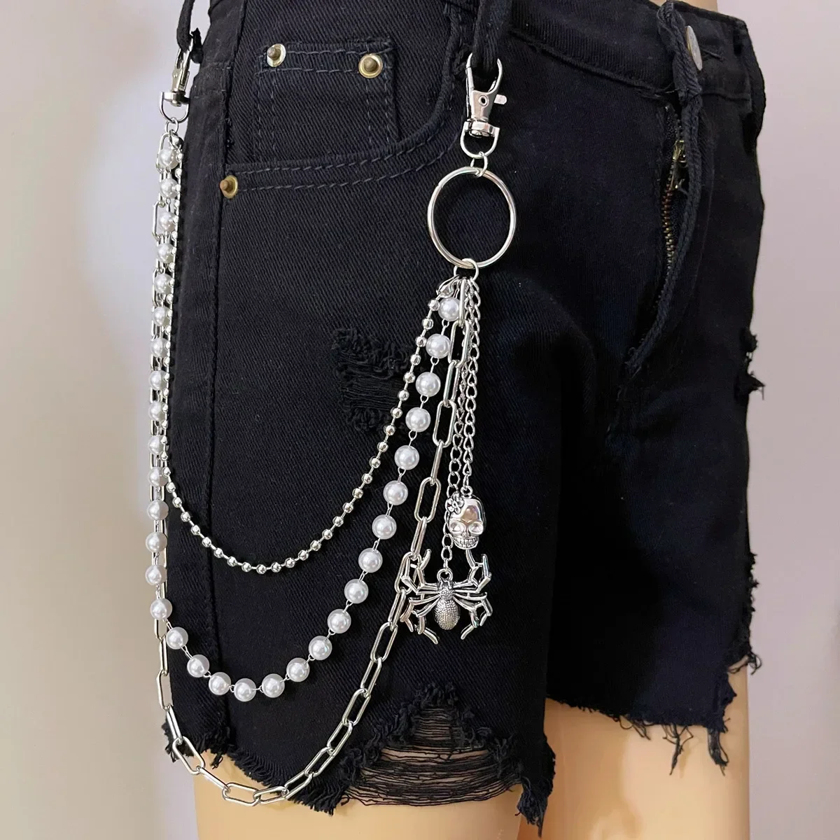Metal White Pearl Punk Pants Chain Keychains for Men Women Jean Trouser Biker Chains Spider Pendants Jewelry Gothic Accessories