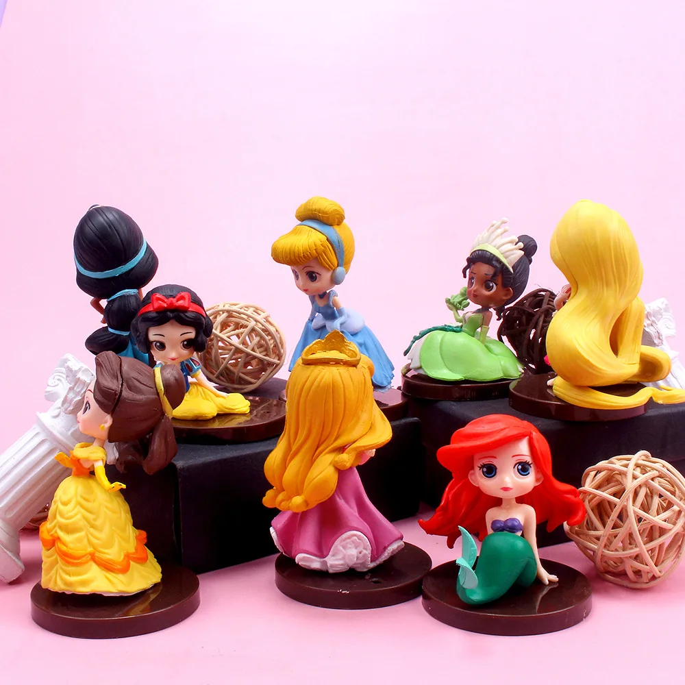 8pcs Cute Q Version Disney Princess GK Model Kids Charm Toy Gifts The Little Mermaid Long Hair Princess Collectible Cartoon Doll