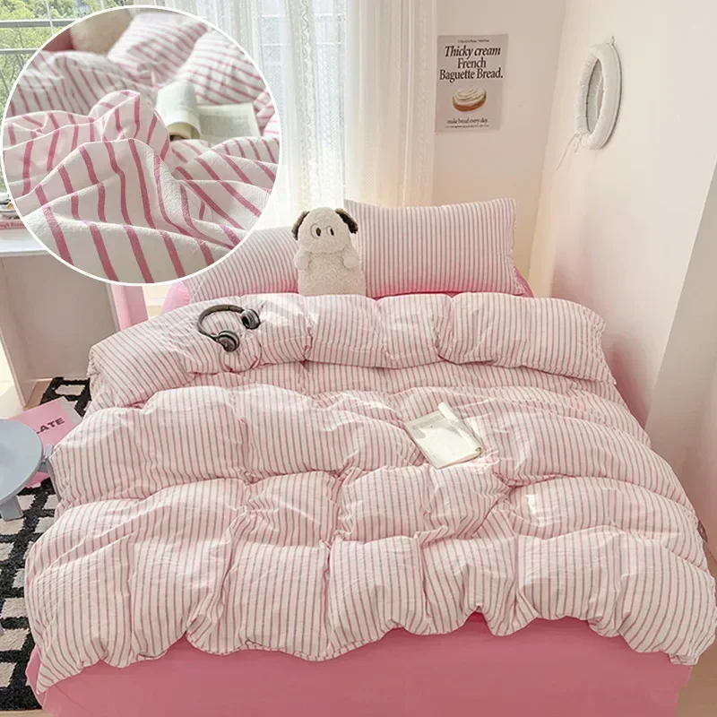 Simple Pink Stripe Bedding Set Washed Cotton Bed Flat Sheet Pillowcase Full Queen Bed Linen Adult Kids Duvet Cover Set No Filler