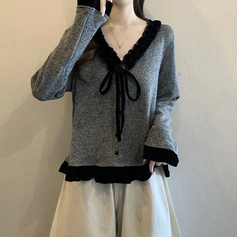 النمط الفرنسي موضة القوس سترة برقبة على شكل v 2025 المرأة الخريف جديد ريترو المخملية تقسم الكشكشة كم طويل البلوفرات تنوعا #2