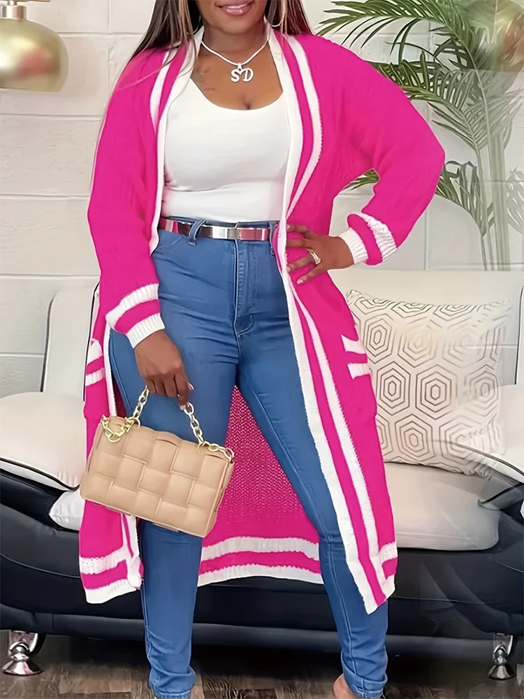 

Women's plus Size Casual Cardigan Long Sleeve Colour Block Stripe Print Cardigan Jacket with Pockets Large Size