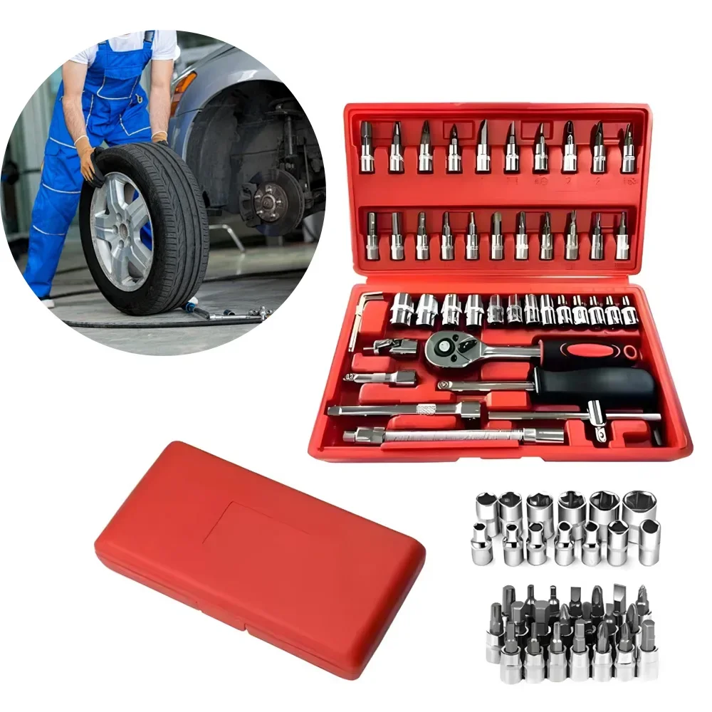 46pcs/Set Socket Wrench Repair Tool Kit Ratchet Screwdriver for Car Repair Hardware Toolbox for Auto Repairing and Household