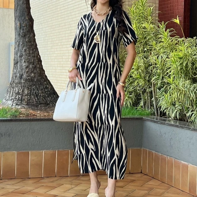 

Women's Elegant Dress 2024 Summer Autumn Latest Temperament High-End Printed Short Sleeved V-Neck Slit Maxi Dress Long Skirt