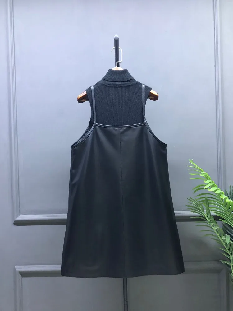 New Versatile Women Loose Spaghetti Strap Multi Pockets Genuine Leather Sleeveless Pullover Dresses Streetwear Tank A Line Dress