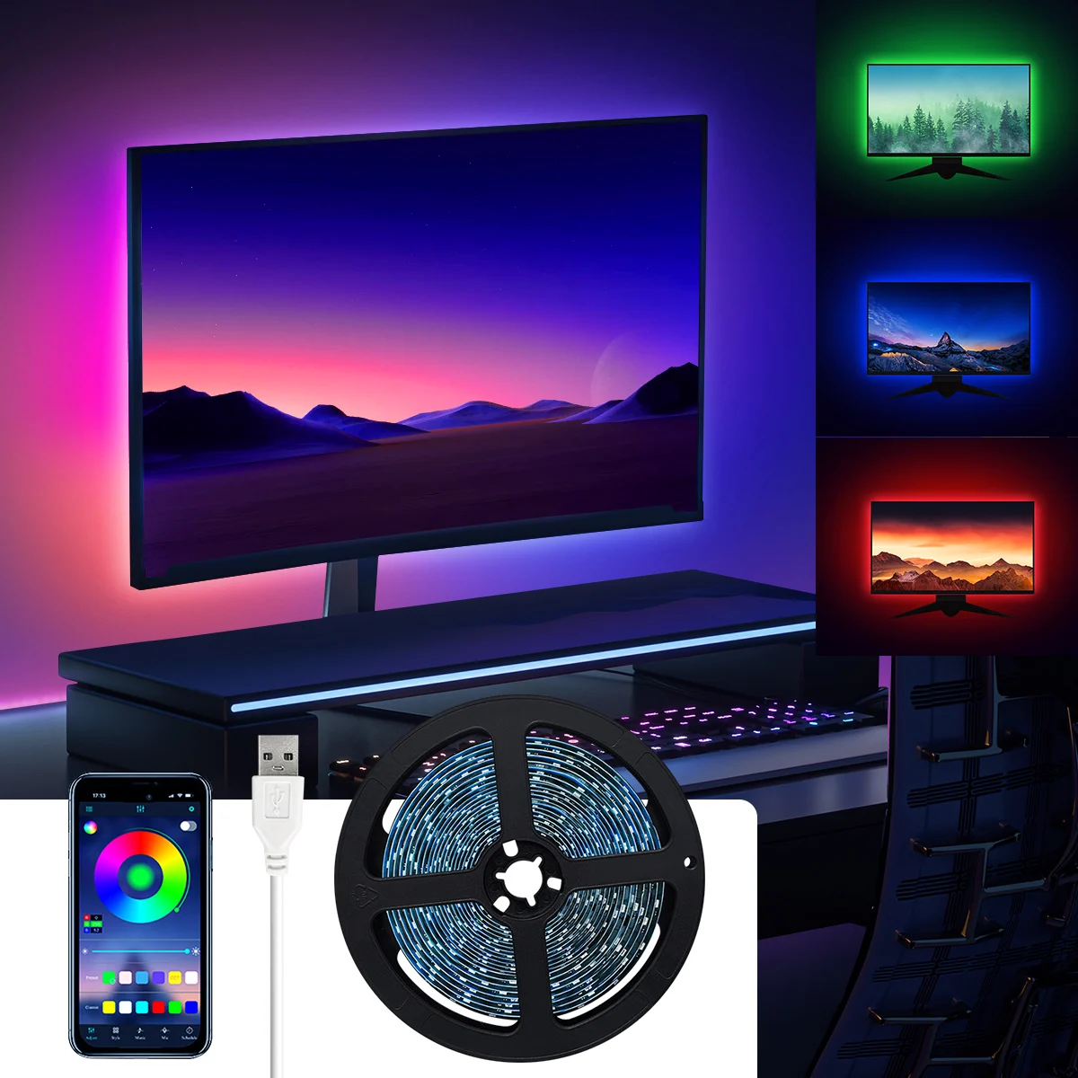 

Nexillumi Ambient PC Backlight Led Strip Light, USB Bluetooth 5050 RGBIC Tape Screen Color Sync Kit with APP for Music Game Deco